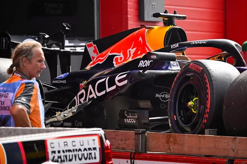 crashed car of Red Bull Racing's Dutch driver Max Verstappen