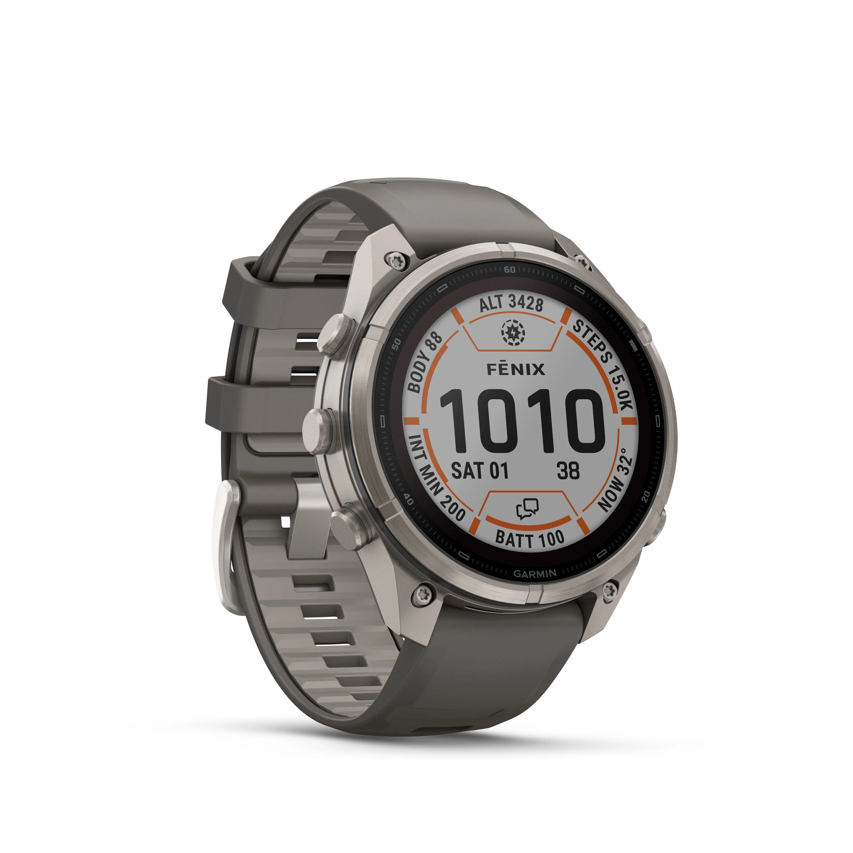 Garmin Fénix smartwatch displaying various metrics and stats on a round screen with a gray strap.