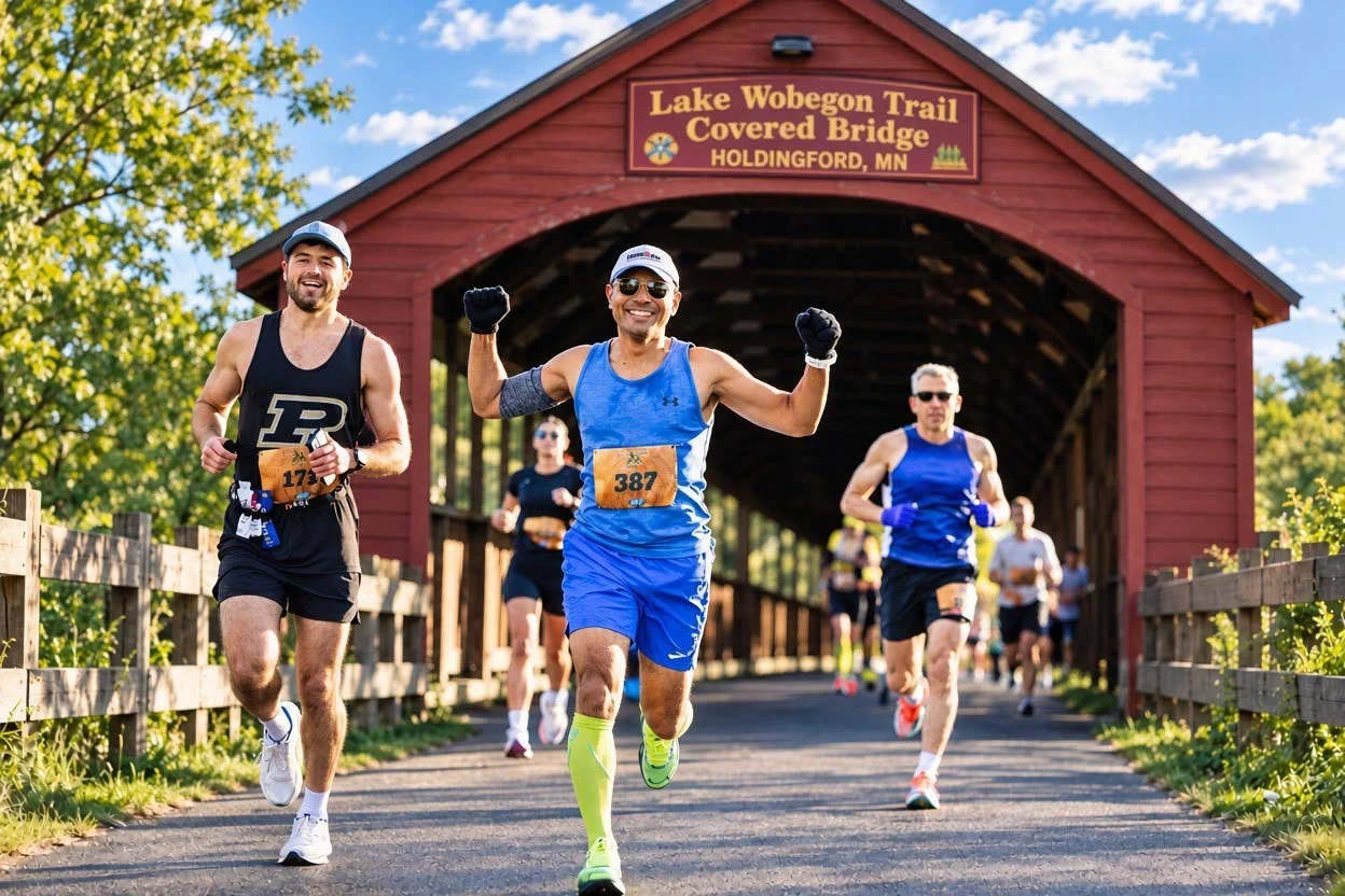 Runners participating in a race under a covered bridge on a sunny day in Holdingford, Minnesota.