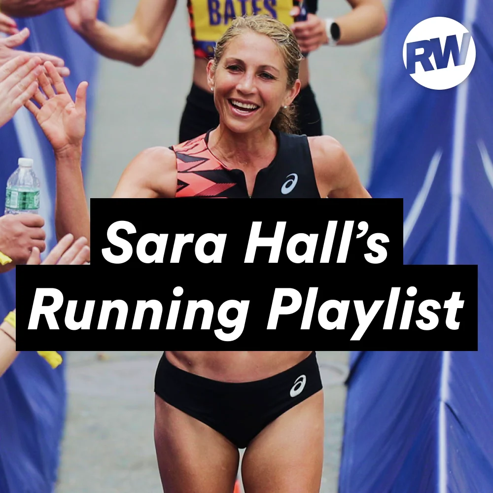 Sara Hall celebrating with fans, promoting her running playlist. Sara Hall celebrating with fans, promoting her running playlist.
