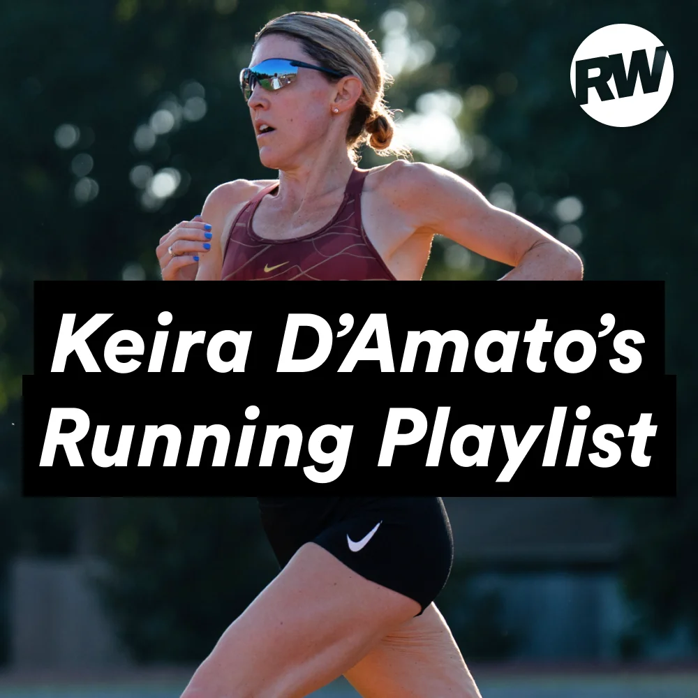 Keira D'Amato running with the text "Keira D'Amato's Running Playlist" overlaying the image.