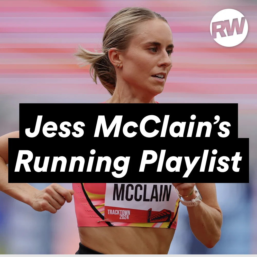 Jess McClain sprinting with a focus, promoting her running playlist and TrackTown 2024 event. Jess McClain sprinting with a focus, promoting her running playlist and TrackTown 2024 event.