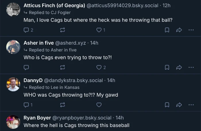 A screenshot of four Bluesky posts in a row, all of them asking who or where Caglianone was trying to throw the ball to.